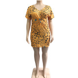 Plus Size Twist Front Yellow Leopard Bodycon Dress