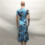 Blue Floral Short Sleeve Bodycon Mermaid Dress
