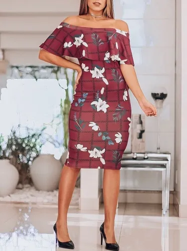 Off Shoulder Ruffle Burgundy Floral Bodycon Dress