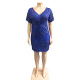 Plus Size Twist Front Blue Leopard Bodycon Dress