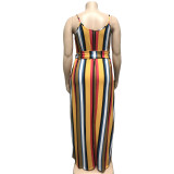Plus Size Vertical Stripe Belted Maxi Straps Dress