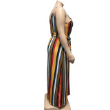 Plus Size Vertical Stripe Belted Maxi Straps Dress