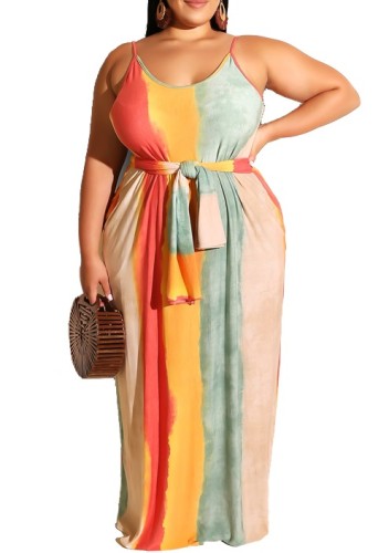 Plus Size Wide Stripe Belted Maxi Cami Dress