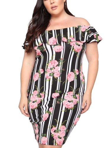 Stripe Floral Ruffle Off Shoulder Plus Size Dress