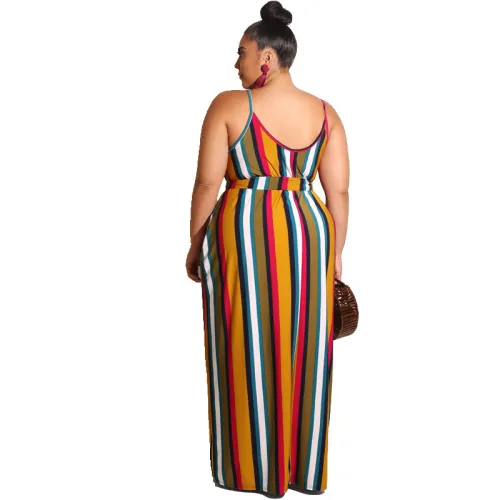 Plus Size Vertical Stripe Belted Maxi Straps Dress