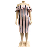 Pink Black Stripe Ruffle Off Shoulder Plus Size Dress
