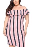 Pink Black Stripe Ruffle Off Shoulder Plus Size Dress