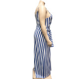 Plus Size Blue Stripe Belted Strappy Long Dress