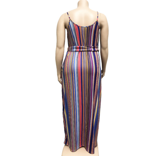 Plus Size Colorful Stripe Belted Cami Long Dress