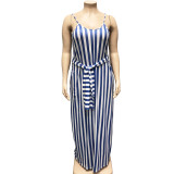 Plus Size Blue Stripe Belted Strappy Long Dress