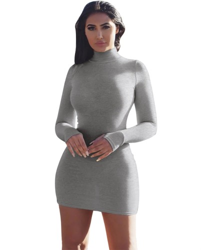 Grey Thumb Hole High Neck Long Sleeve Mini Bodycon Dress