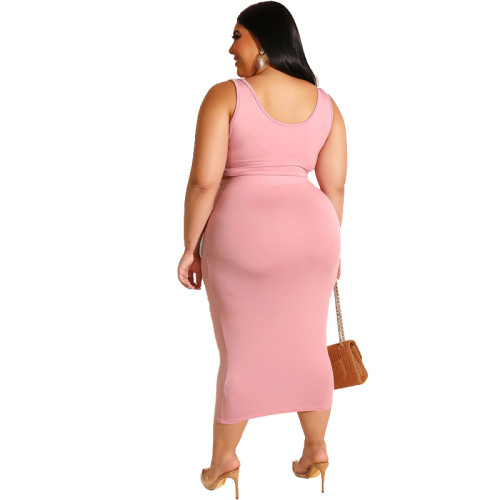 Plus Size Pink Tank Top & Tie Detail Midi Skirt