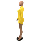 Yellow Thumb Hole High Neck Long Sleeve Mini Bodycon Dress
