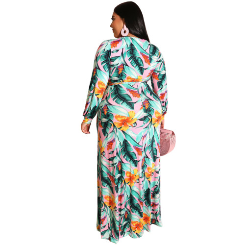 Plus Leaf Print Long Sleeve Split Wrap Maxi Dress