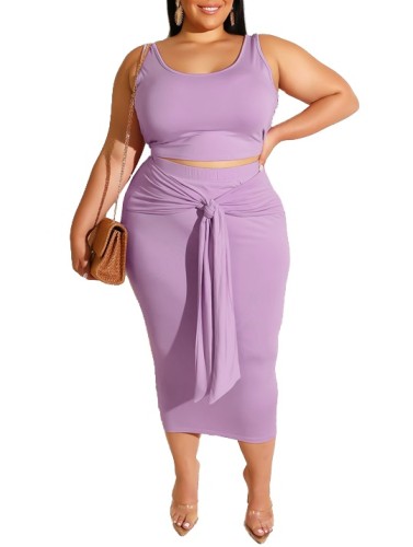 Plus Size Purple Tank Top & Tie Detail Midi Skirt
