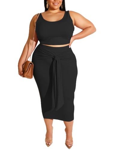 Plus Size Black Tank Top & Tie Detail Midi Skirt