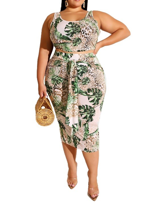 Plus Size Mixed Print Crop Top & Tie Detail Midi Skirt