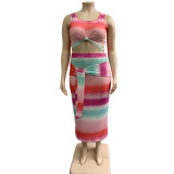 Plus Size Rainbow striped Crop Top & Tie Detail Midi Skirt