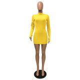 Yellow Thumb Hole High Neck Long Sleeve Mini Bodycon Dress