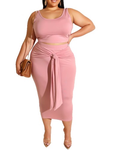 Plus Size Pink Tank Top & Tie Detail Midi Skirt