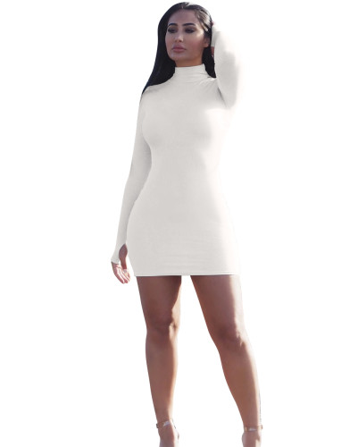 White Pure Color High Neck Long Sleeve Mini Bodycon Dress