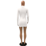 White Pure Color High Neck Long Sleeve Mini Bodycon Dress