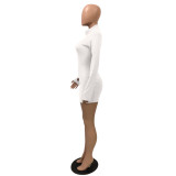 White Pure Color High Neck Long Sleeve Mini Bodycon Dress