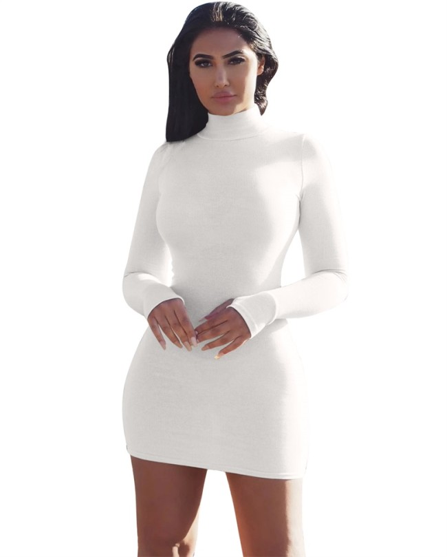 White Pure Color High Neck Long Sleeve Mini Bodycon Dress