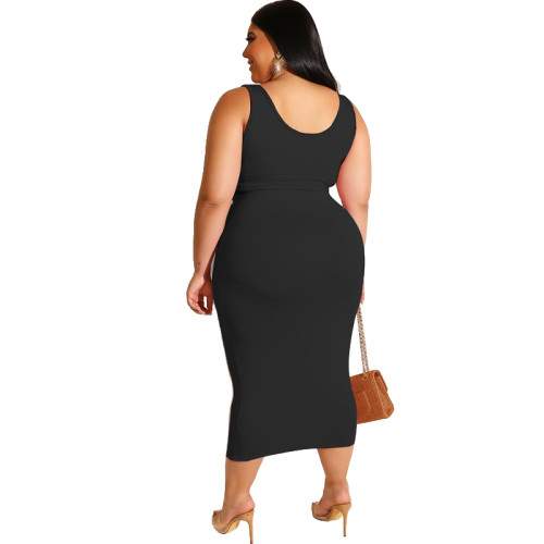 Plus Size Black Tank Top & Tie Detail Midi Skirt