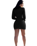 Black Pure Color High Neck Long Sleeve Mini Bodycon Dress