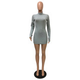Grey Thumb Hole High Neck Long Sleeve Mini Bodycon Dress