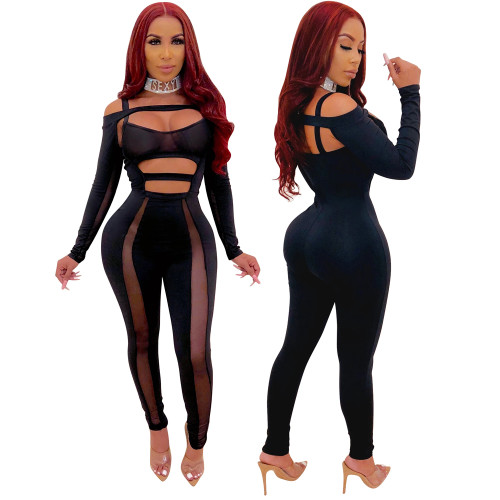 Sexy Black Cut Out Mesh Panel Bodycon Club Jumpsuit