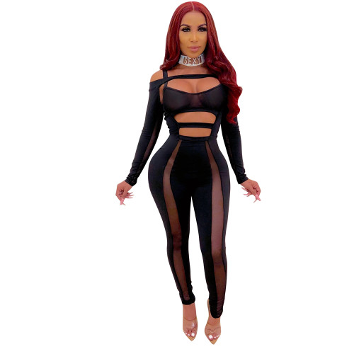Sexy Black Cut Out Mesh Panel Bodycon Club Jumpsuit