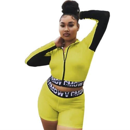 Lime Zipper Crop Jacket and Shorts Sets