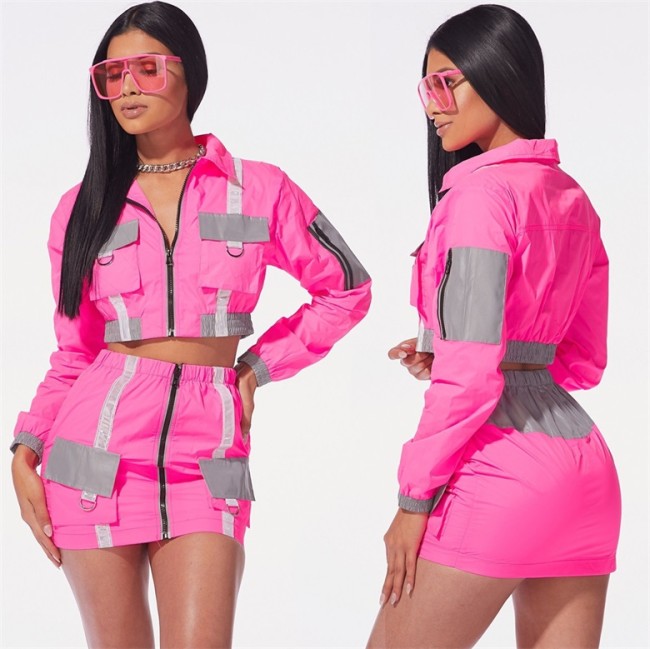 Hot Pink Reflective Panel Zipper Crop Jacket and Mini Skirt