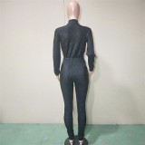 Black Shiny Zipper Waist Tie Jumpsuit