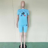 Blue Rooster Pattern T Shirt & Shorts Set