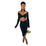 Black Ruched Long Sleeve Crop Top and Midi Skirt Set