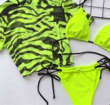 Neon Green Thong Bikini Set & Zebra Mesh Top 3PCS