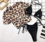 Black Thong Bikini Set & Leopard Mesh Top 3PCS