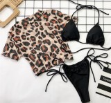 Black Thong Bikini Set & Leopard Mesh Top 3PCS