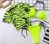 Neon Green Thong Bikini Set & Zebra Mesh Top 3PCS