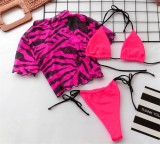 Hot Pink Thong Bikini Set & Zebra Mesh Top 3PCS