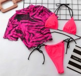 Hot Pink Thong Bikini Set & Zebra Mesh Top 3PCS