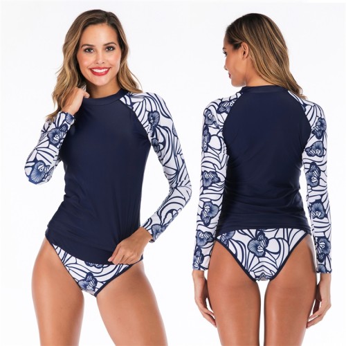 Navy Print Splice Surf Long Sleeve Triangle 2 Piece Swimwear