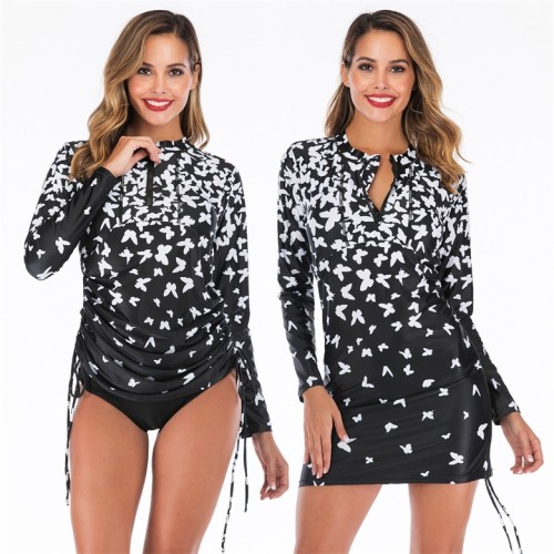 Butterfly Print Adjustable Surfing Two Piece Rash Guard Dress