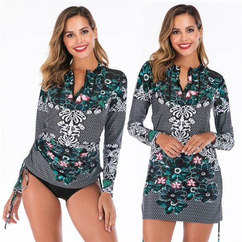 Adjustable Floral Print Surfing Two Piece Rash Guard Swimsuit