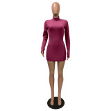 Purple High Neck Long Sleeve Thumb Hole Mini Bodycon Dress
