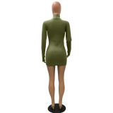 Army Green High Neck Long Sleeve Thumb Hole Mini Bodycon Dress