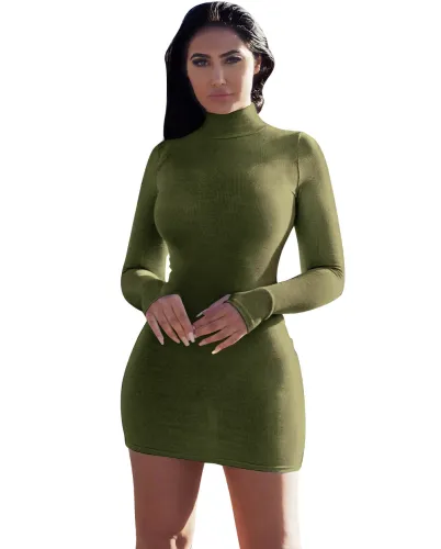 Army Green High Neck Long Sleeve Thumb Hole Mini Bodycon Dress